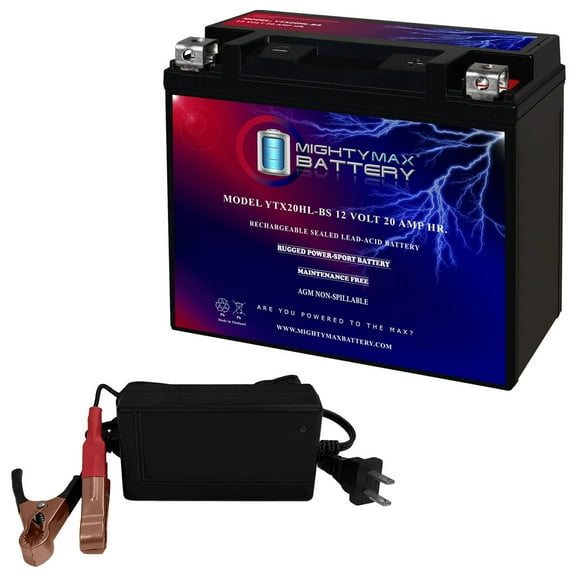 YTX20HL-BS - 12 Volt 20 AH, 310 CCA, Rechargeable Maintenance Free SLA AGM High Rate Series Motorcycle Battery   12V 4Amp Charger