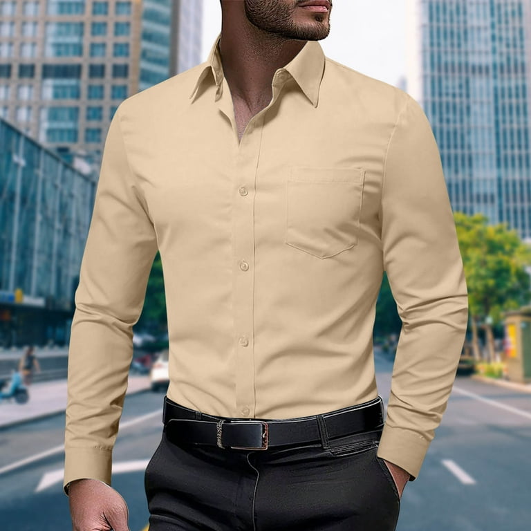 Lcziwo Men's Slim Fit Dress Shirt Regular Fit Business Tucked Formal Shirts Pockets Solid Color Work Tops Khaki XL, Bronze