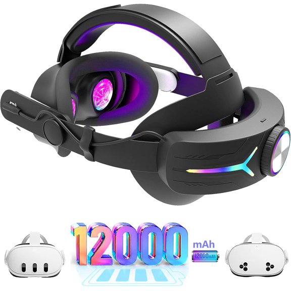 Pecham RGB Battery Head Strap Fit for Meta/Oculus Quest 3/Quest 3S, 12000mAh Adjustable VR Headset Elite Strap, Fast Charging Elite Strap VR Accessories for Enhanced Comfort and Play Time - Black