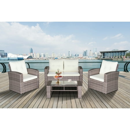 Resin Patio Furniture Cleaner Magari Furniture N88 4-Piece Complete Outdoor Furniture Seating Patio Cushion Resin Wicker Rattan Garden Iron Frame Set with Cream Cushions, Grey ()