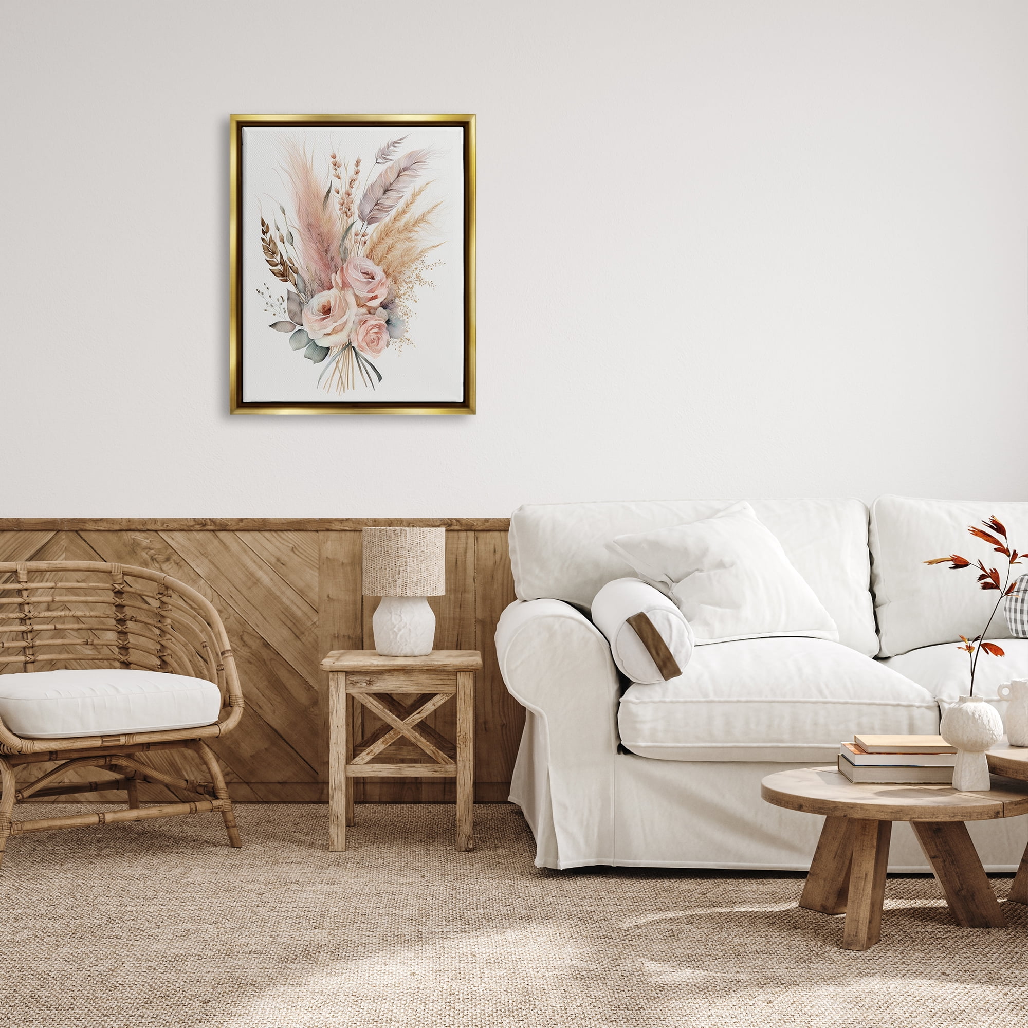 Stupell Industries Boho Feathers & Roses Botanical & Floral Painting Gold Floater Framed Canvas Art Print Wall Art, 25 x 31