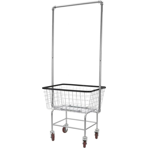 Wire Laundry Cart, Metal Commercial Laundry Basket Cart Rolling Laundry Basket with Wheels&Hanging Rack Heavy Duty Large Steel Basket for Laundry Clothes Storage