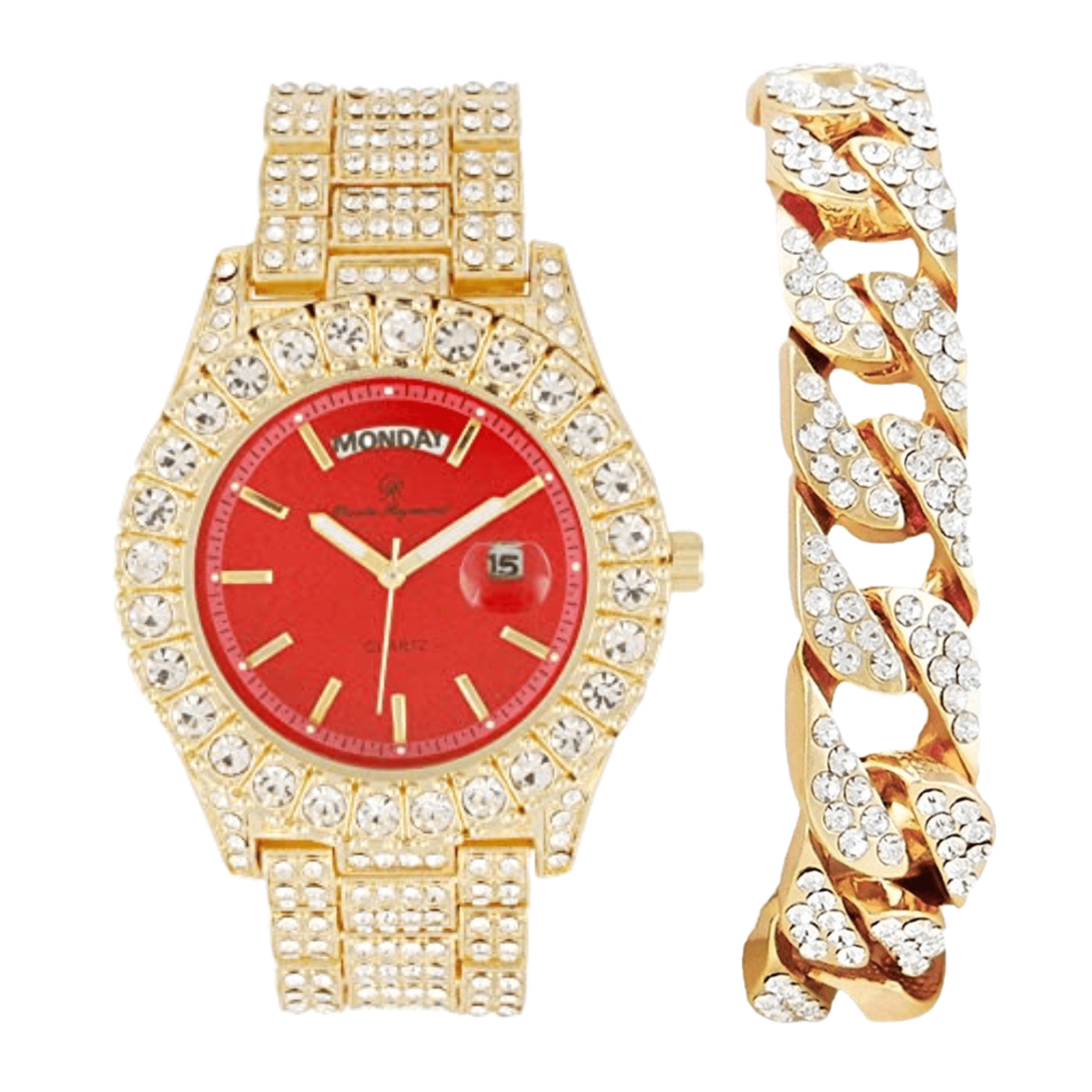 CHARLES RAYMOND Big Rocks Fully Iced Out Diamond Mens Watch w/Easy Read Date & Day - Designer Hip Hop Blinged Out Timepiece - ST10535 (Gold/Red -C)