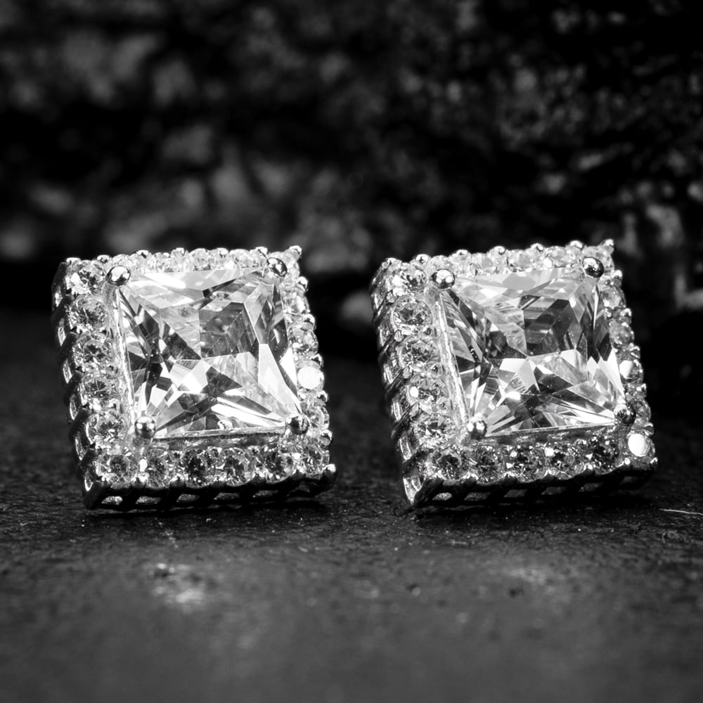 White Gold 925 Sterling Silver Unisex Square Princess Cut Halo Stud Screw Back Earrings