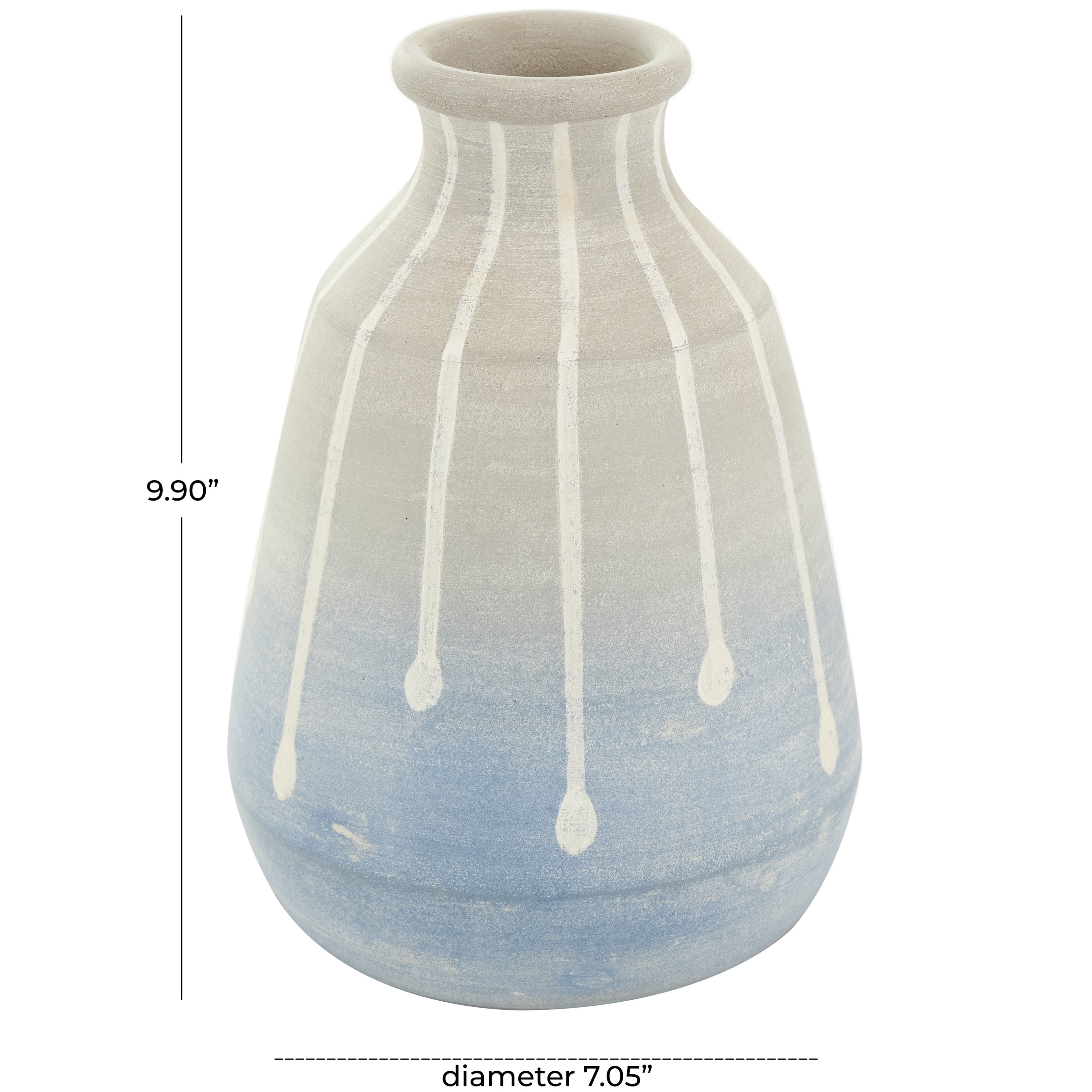 DecMode 10" Abstract Ombre Drip Blue Ceramic Vase with Gray and White Accents
