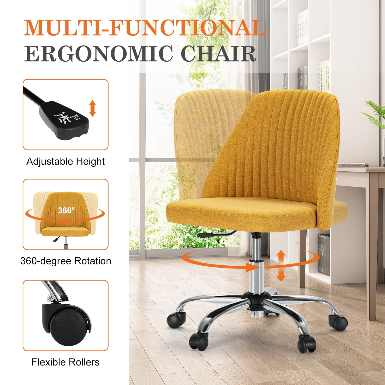 MAYEERTY Armless Office Desk Chair Height Adjustable, Mid Back Accent Chair, Yellow