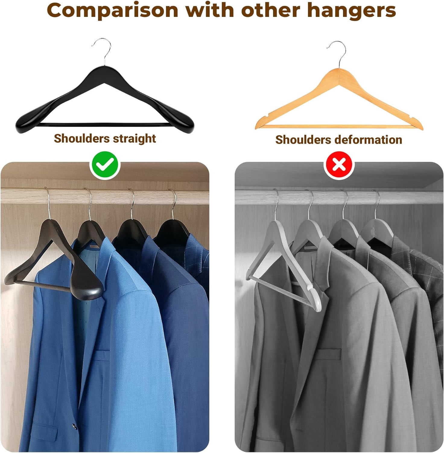 Wood Hangers Trouser Hangers Extra Wide Shoulder Wooden Hangers for Heavy Coat, Sweater, Skirt, Suit, Pants, Retro Finish
