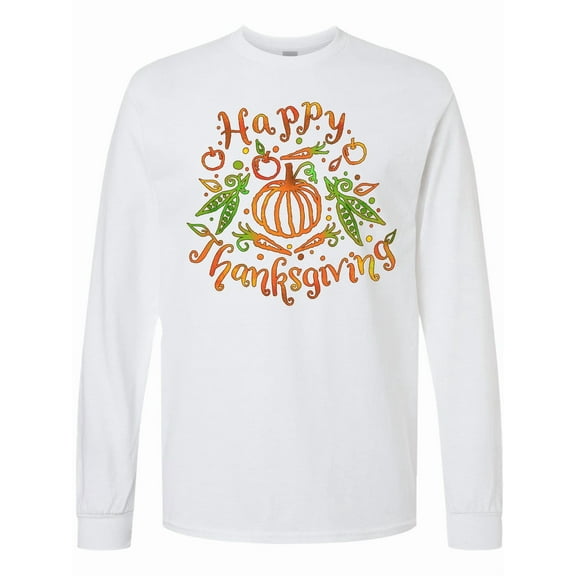 Inktastic Happy Thanksgiving Pumpkin Vegetables in Orange and Green Long Sleeve T-Shirt