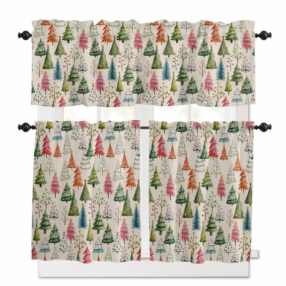 Vintage Christmas Tree Kitchen Curtains and Valances Set, Green Pink Blue Trees Winter Rod Pocket Window Valance 18 Inch Window Curtain Panels for Living Room Bedroom Laundry, 27.5x24in, 3 Pieces