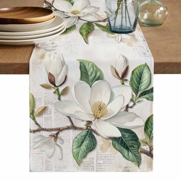Flowers Leaves Table Runner, Farmhouse White Botanical Magnolia Retro Washable Cotton Linen Table Runners 72 Inches Long, Dresser Scarf Runner for Dining/Coffee/Kitchen/TV Stands/Cabinets 13''x72''