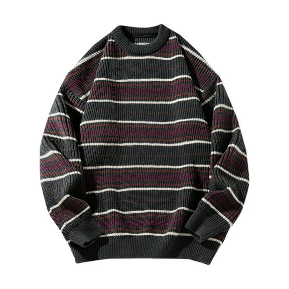 TFEOQRY Men's Vintage Striped Sweater Long Sleeve Crewneck Knitted Pullover Sweater Fall Winter Warm Tops Dark Gray