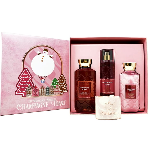Bath & Body Works Champagne Toast - Gift Box Set - Fine Fragrance mist, Body Wash and Body Lotion With a Himalayan Salts Springs Bar Soap.