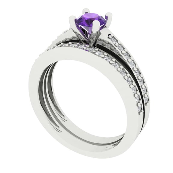 Clara Pucci 18K White Gold 0.86 Natural Amethyst Engraveable Engagement Ring Wedding Band Set