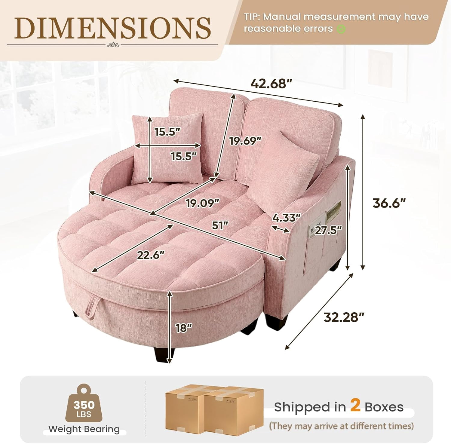 MOONMISS Oversized Chair and A Half, Chenille Tufting Accent Cozy Reading Sofa Chair with Storage Ottoman, Upholstered Loveseat Chaise Lounge Sofa with Adjustable Back for Living Room,Pink