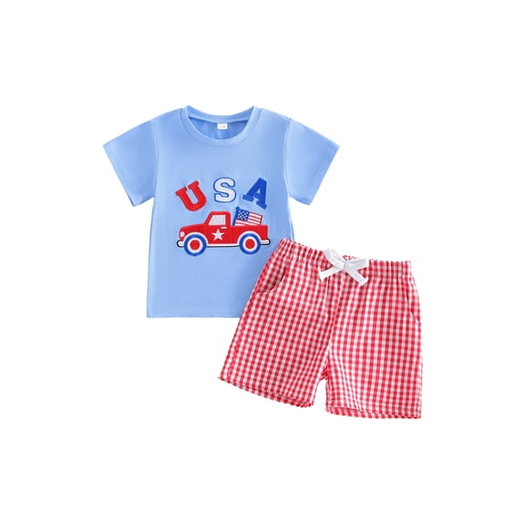 BemeyourBBs Toddler Baby Boy 4th of July Outfit Patriot Fourth of July Independent Day Summer Clothes American Flag in Truck Short Sleeve T-Shirts and Plaid Shorts Toddler Boys 2 Piece Summer Outfit