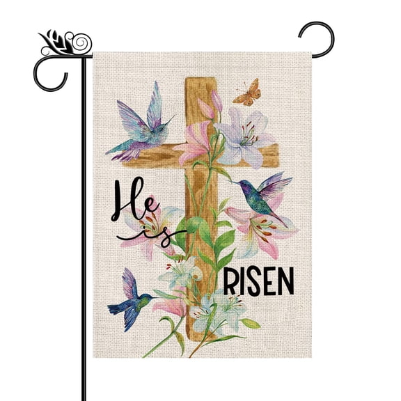 Double Sided Vertical Burlap Easter Garden Flag 12.5x18 Religious Christian Cross He Is Risen Flower Spring Farmhouse Yard Decor