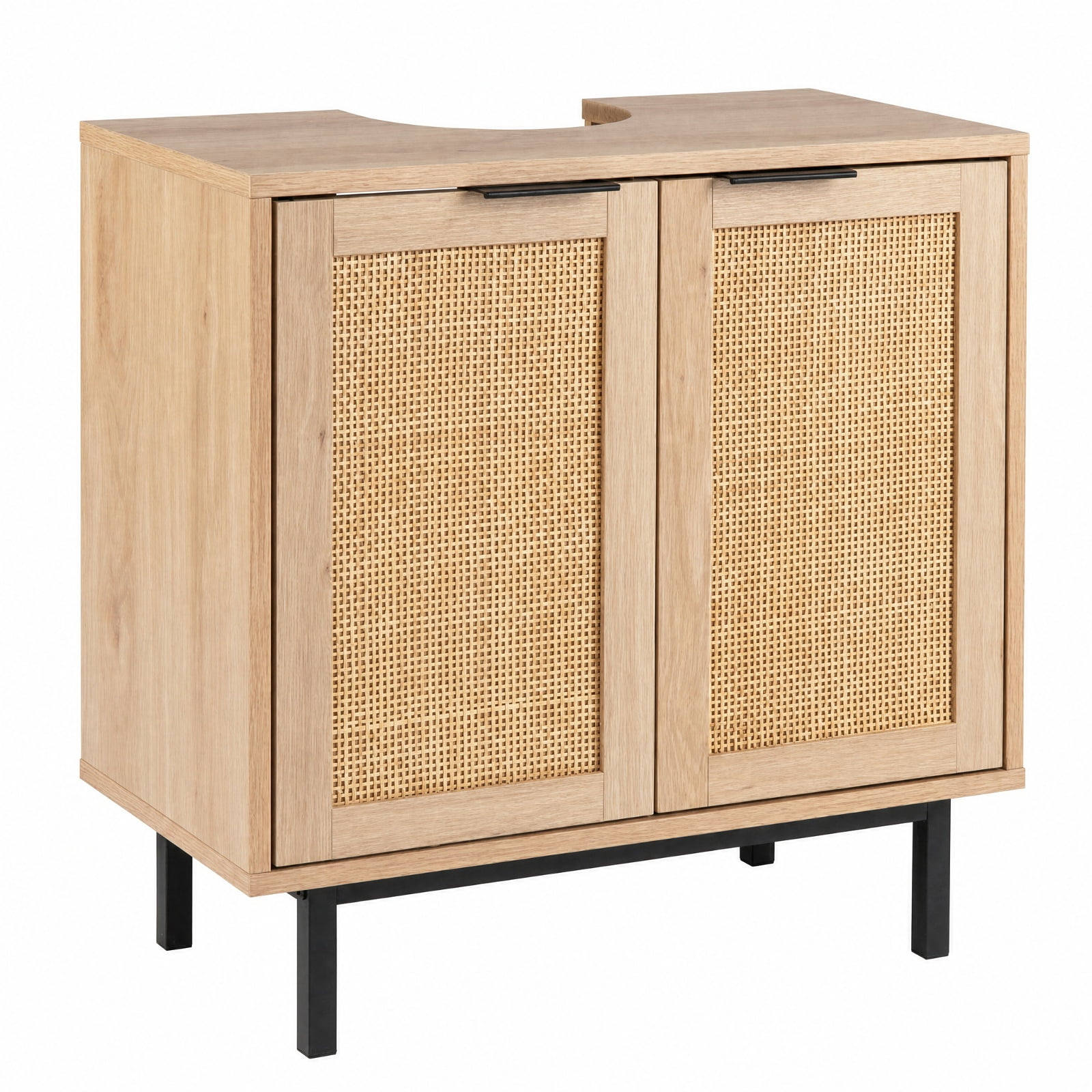 Vebreda Freestanding Bathroom Storage Cabinet, Bathroom Vanity Cabinet with U-Shaped Cut-Out 2 Rattan Doors and Shelf, Hidden Sink Organizer