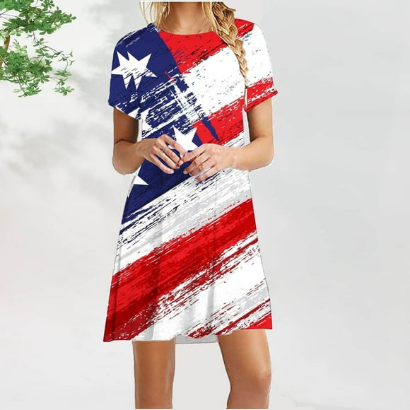 Meichang 4th of July Dresses for Women 2024 Summer T-Shirt Dress Casual Short Sleeve Midi Dresses American Flag Patriotic Dress Independence Day Dresses