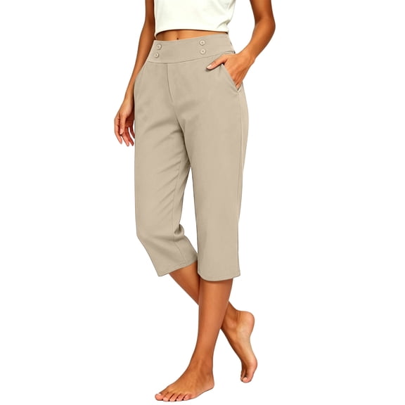 Hurxie Women’s Capri Pants – Pull-On Tummy Control Capris with 4-Way Stretch, Pockets for Women Khaki,2XL