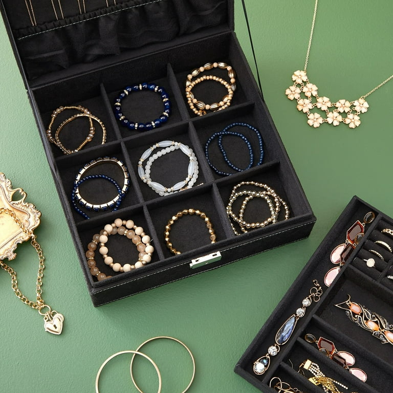 3-Layers Large Jewelry Organizer with Velvet Travel Jewelry Storage Organizer Jewelry Case, Black
