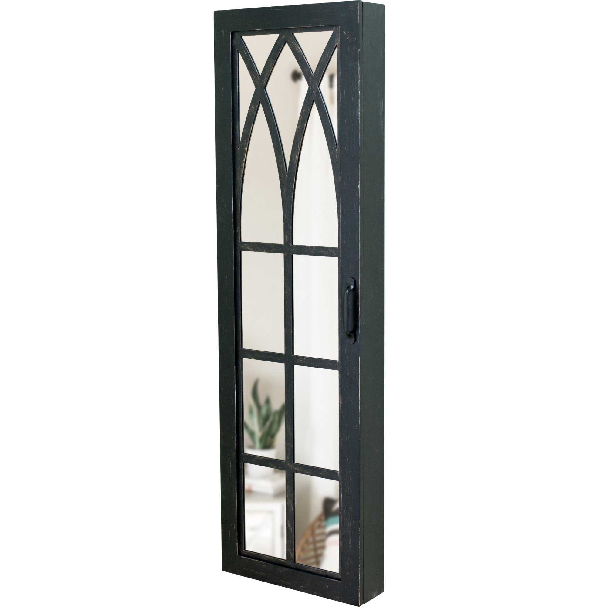 FirsTime & Co. Aged Black Farmhouse Arch Mirrored Jewelry Armoire, Farmhouse, Painted, Rectangular,Wood, 14 x 3.75 x 43 in