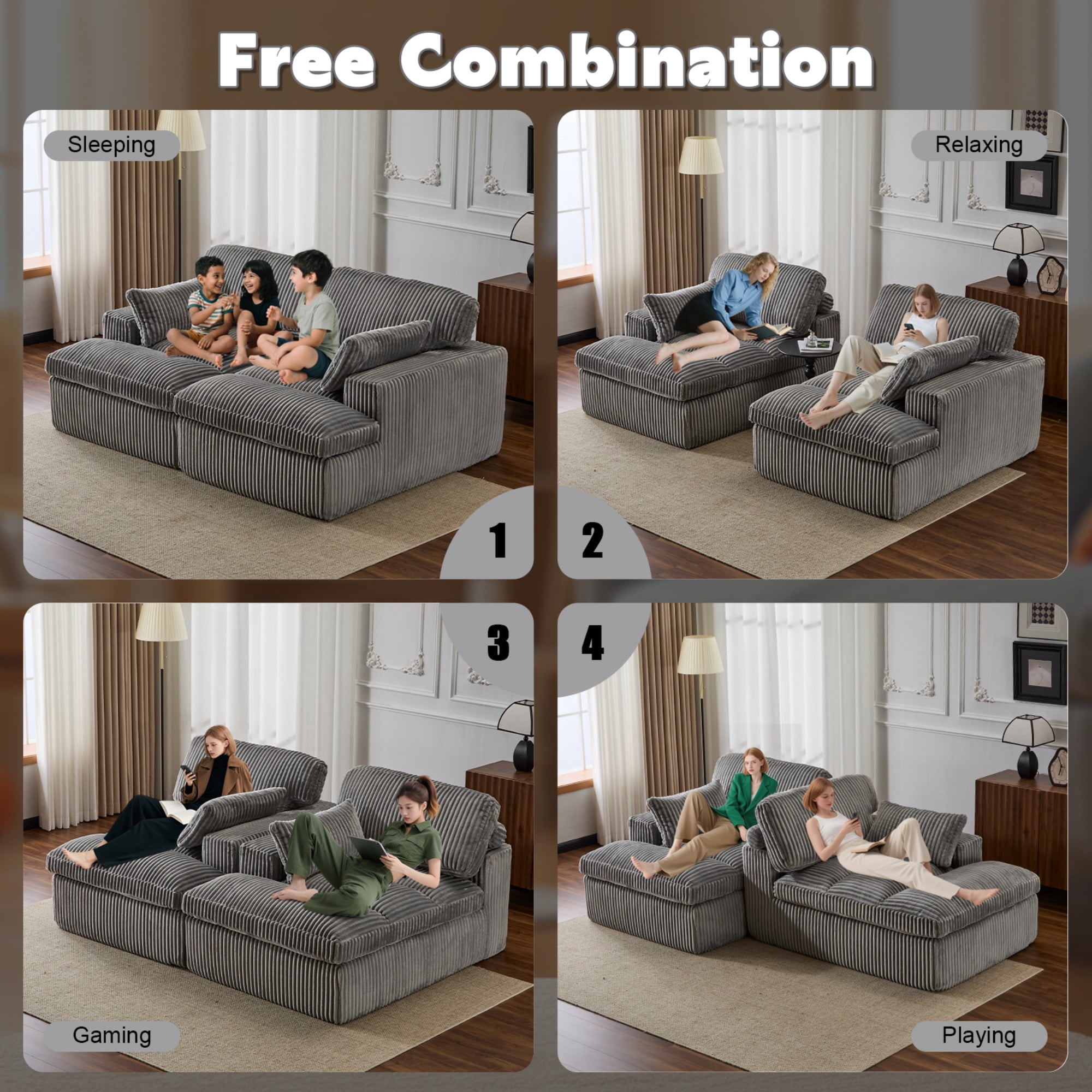 79" Oversized Sleeper Sofa Bed,Upholstered Sectional Sleeper Sofa Bed,Corduroy Sofa Bed Reading Chair for Living Room,Grey