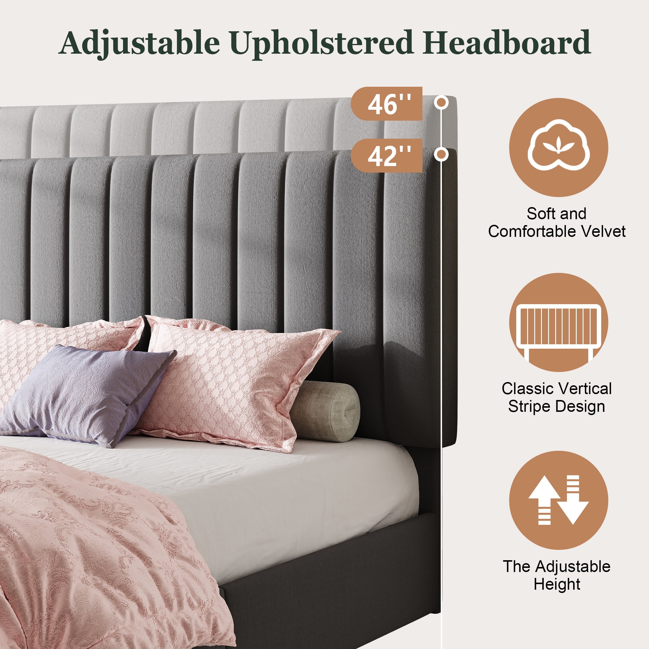 Amolife Queen Bed Frame, Platform Bed with Adjustable Velvet-Wrapped Headboard and 4 Storage Drawers, No Box Spring Required, Gray