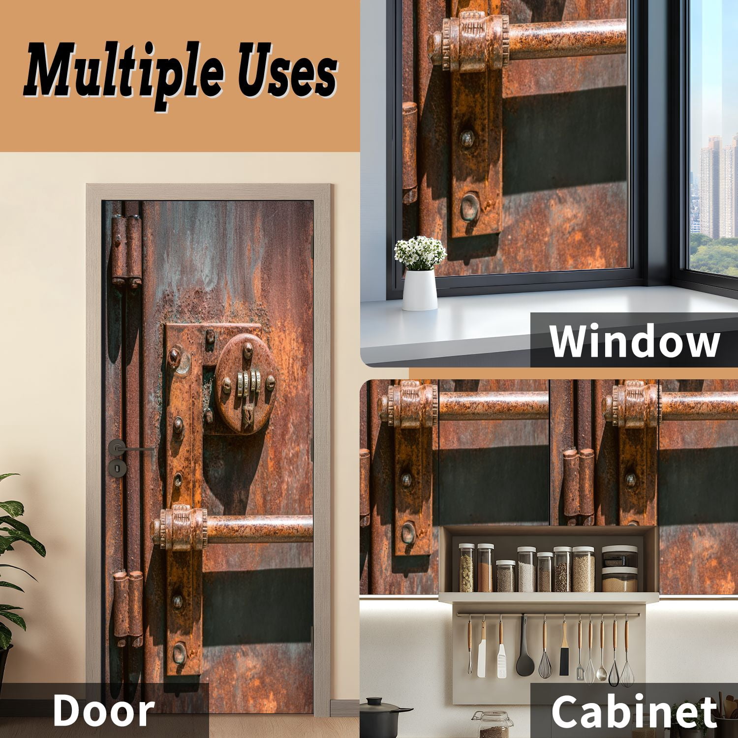 Self Adhesive Vinyl Refrigerator Wrap Set Vintage Rusty Bank Safe Door Mural Removable Fridge Sticker Peel and Stick&nbsp;Full Door Cover Decal Kitchen Bar Decor