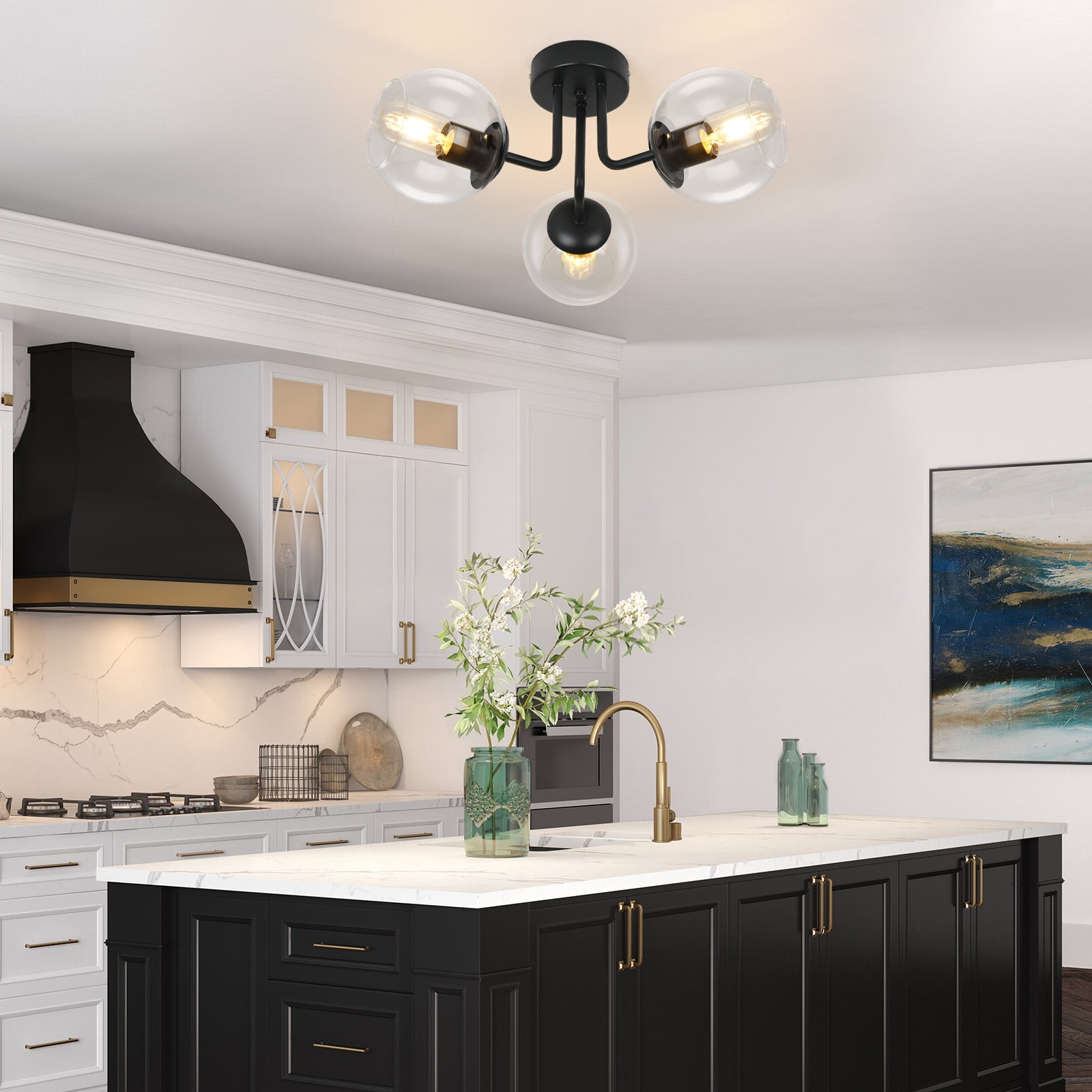 GoYeel 3 Light Black Global Ceiling Light Glass Shade Modern Close to Ceiling Light for Dining Room Kitchen Island Entryway Foyer