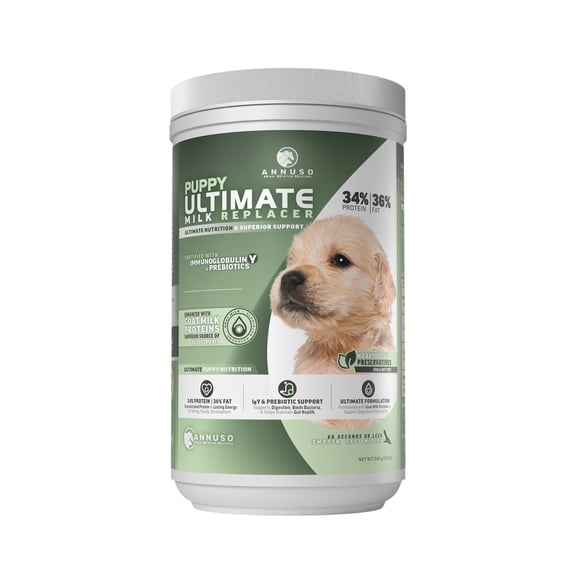 ANNUSO Puppy Ultimate Milk Replacer, 12oz - 34% Protein & 36% Fat - Enhanced with Goat Milk Proteins, Advanced Probiotics - Supports Puppy Immunity & Digestion, Easy-Mix Powder