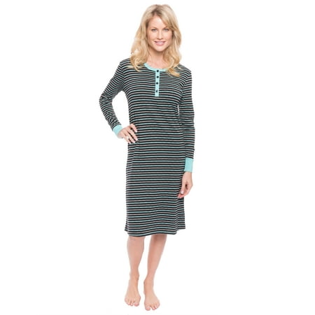 Jersey Nightshirt - Women's Double Layer Jersey Sleep Dress - Stripes Black/Aqua - Medium