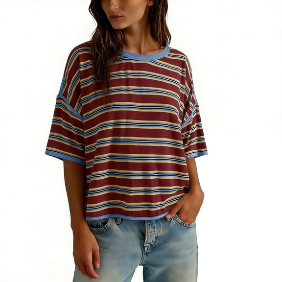 zbxnLI Oversized T Shirts for Women Casual Short Sleeve Tee Top Fashion Striped Baggy Tshirts Crew Neck Tops