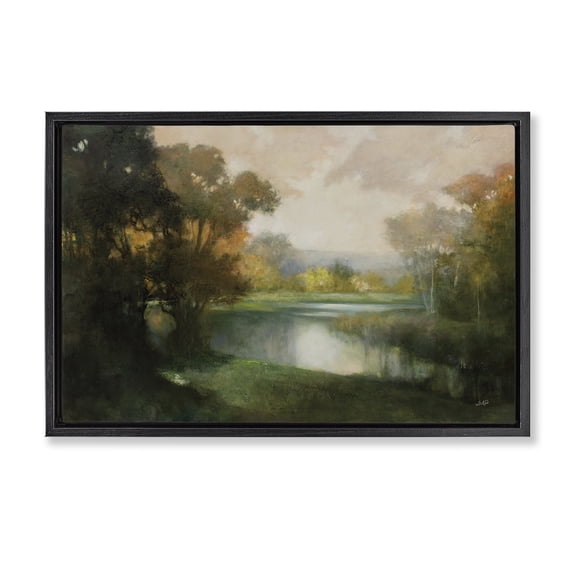 Stupell Industries Traditional Lakeside Morning in Autumn Light Black Floating Frame Canvas Art, 25 x 17, by Julia Purinton