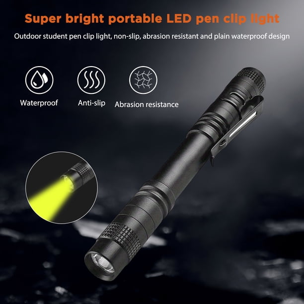 Mini linterna con clip para bolígrafo, linterna LED, funciona con pilas, resistente al agua (D)