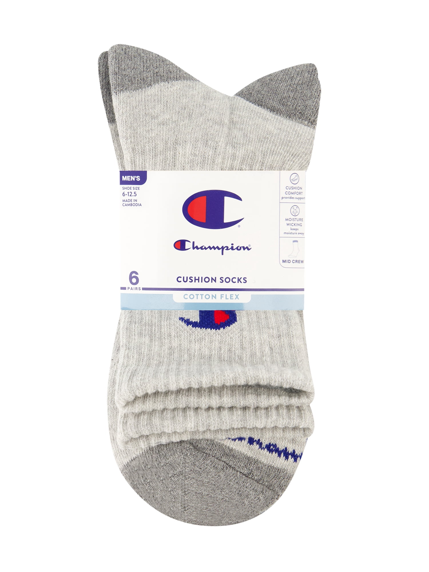 Champion Men’s Mid Crew Socks 6 Pack – Half Terry Cushion, Moisture-Wicking, Arch Support, Stretch Comfort, Sizes 6–12.5