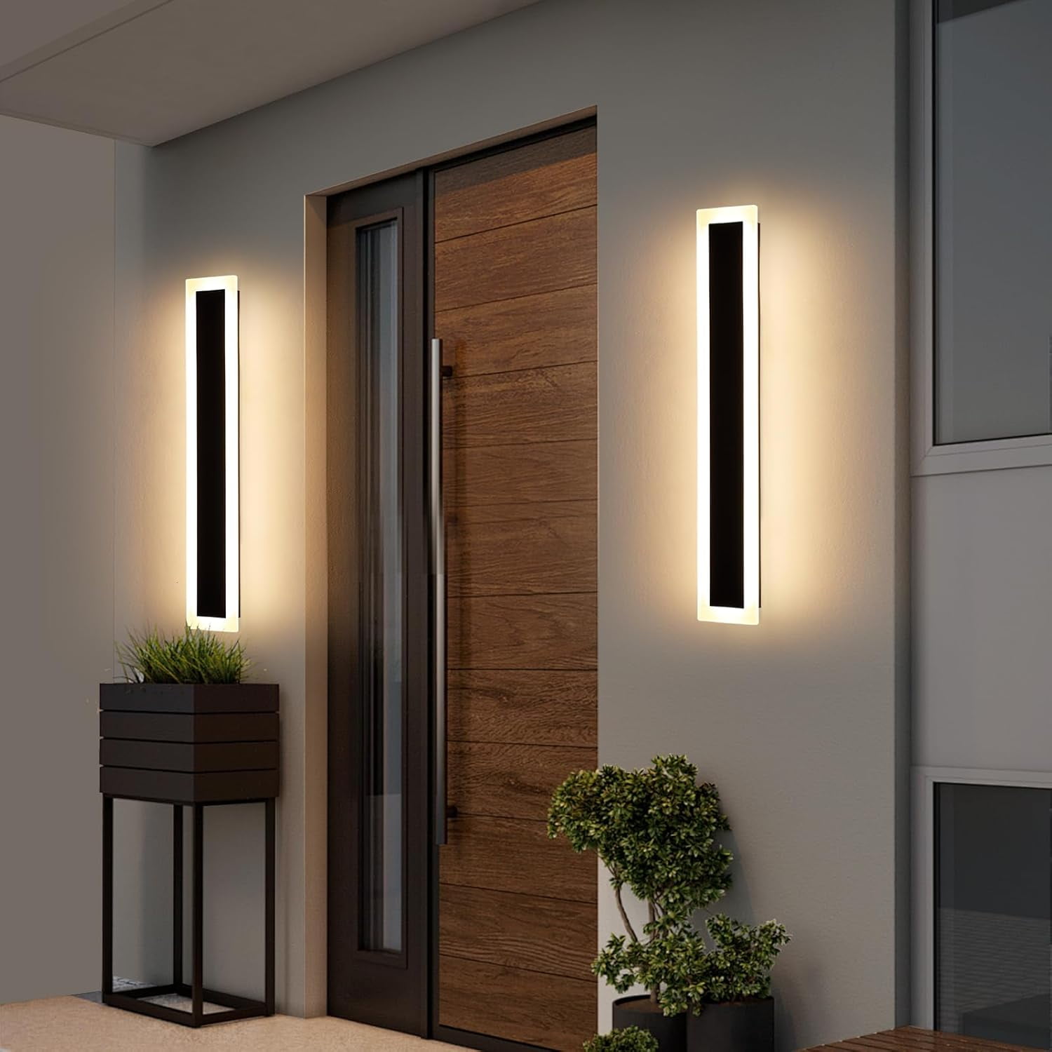 Upgrade Widened 2 Pack Modern LED Wall Sconce 23.6inch Outdoor Wall Light 3000K Warm White 24W IP65 Waterproof Black Long Linear Wall Mount Lighting