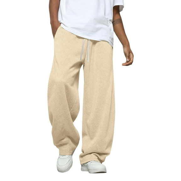 CharmCyan Men's Solid Color Loose Wide Leg Sweatpants Men's Casual Fashion Sweatpants Beige L