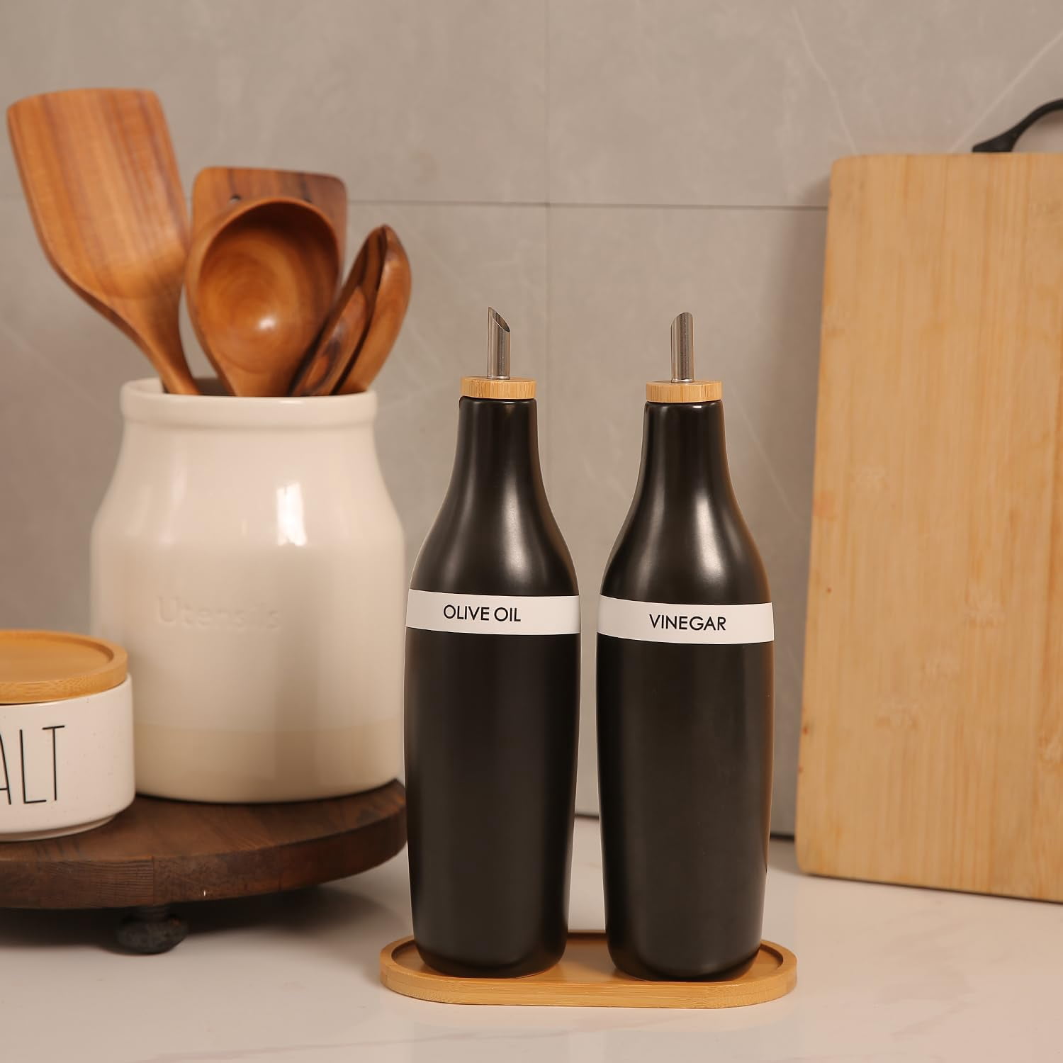 Ceramic Olive Oil Dispenser for Kitchen, Stoneware 16oz Oil Cruet and Vinegar Bottles Dispenser, Kitchen Dispenser Bottle for EVOO Vinegar Syrups, Modern Farmhouse Design(B-O)