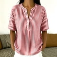 thumbnail image 5 of Womens Tops Elbow Length Sleeve Tshirts for Women Striped Printed Button Up Crew Neck Summer T-Shirts, 5 of 6