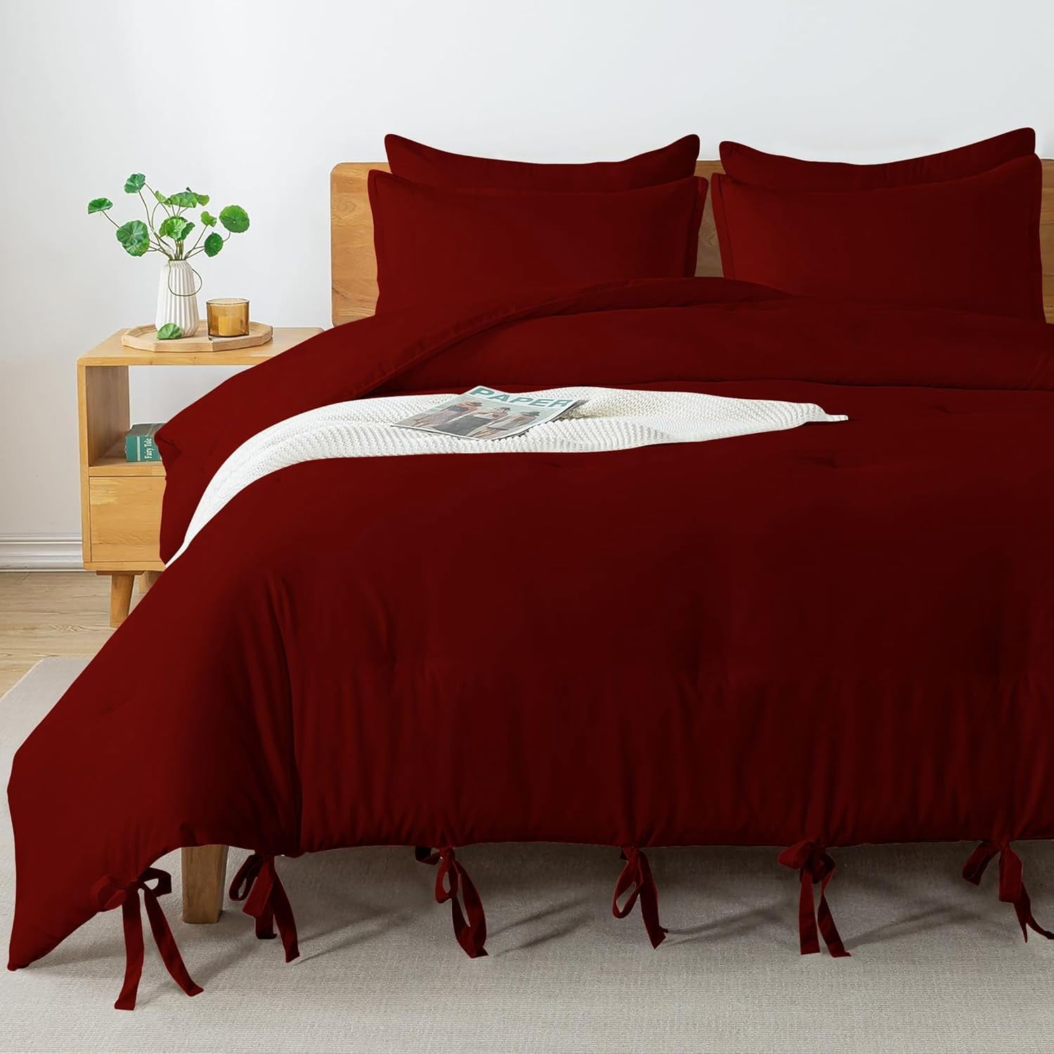 3 Piece Luxury Bottom Tie Pattern Comforter Set, 800 TC, 100% Egyptian Cotton, King/California King Size Burgundy Solid