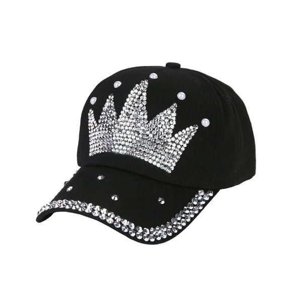 Womens Sun Hat Chic Shiny Rhinestone Crown Baseball Cap with Adjustable Buckle