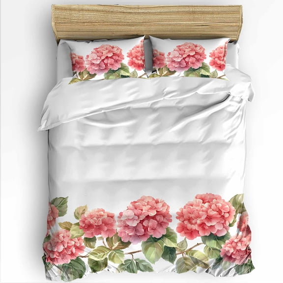 Spring Floral King Size Comforter Set, Pink Flower Watercolor Hydrangea Soft Bedding for All Seasons, 4 Pcs Bed Set with 1Comforter (90"x106") ,1 Sheet(94"x116"), 2 Pillowcases (19"x35")
