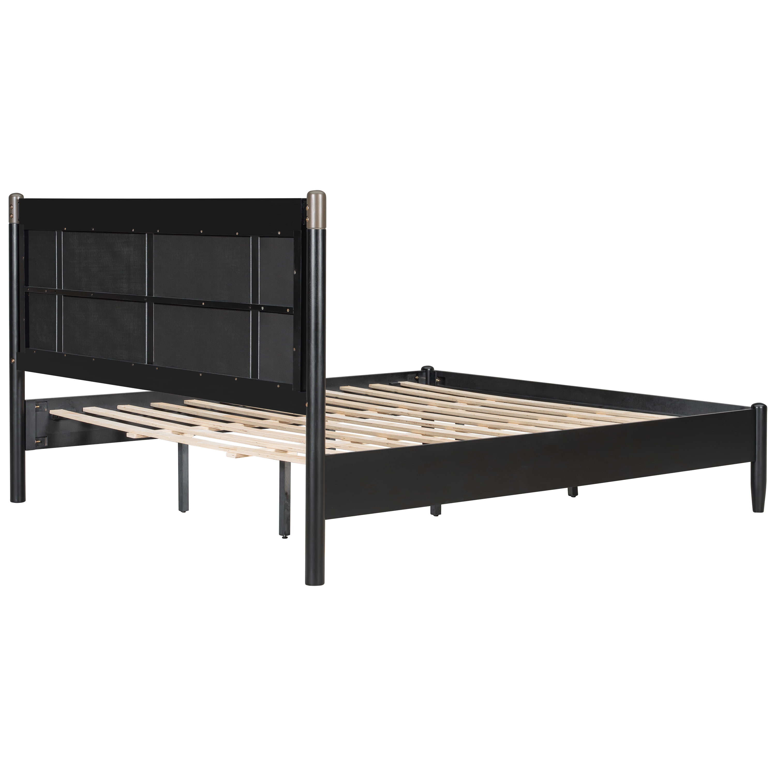 King Bed Frame 81 Inch, Solid Wood Platform Bed with Upholstered Headboard and Metal Handles, Heavy Duty Bed Frame with 600 lbs Support, Black