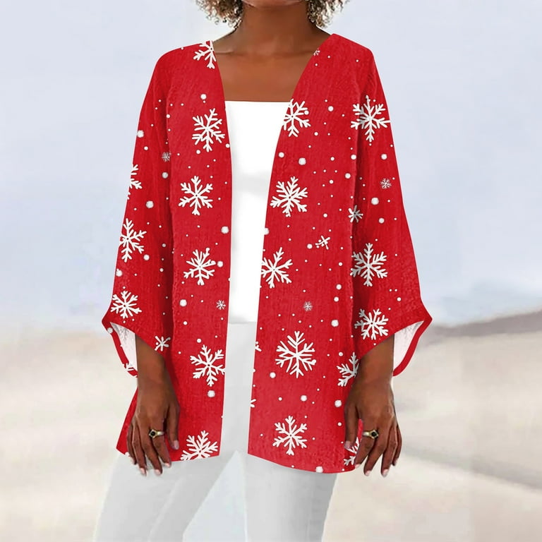 GXIPO Christmas Plus Size Cardigan for Women Cute Xmas Snowflake Open Front Cardigans Knit Sweater Holiday Long Sleeve Outerwear Coats Watermelon Red XL Walmart