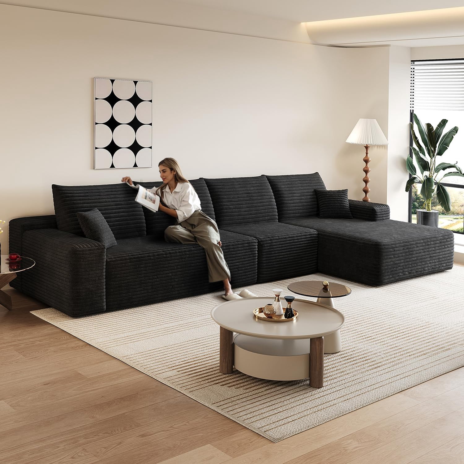 Sailvan 135" Cloud Sectional Couch, Cloudy Sofa with L-Shape Chaise, Upholstered Couches for Living Room & Bedroom, No Assembly Required, Plush Corduroy Fabric, Black