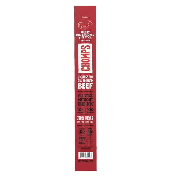 Chomps Grass-Fed and Finished Smoky BBQ Beef Meat Snack Stick, 10g of Protein