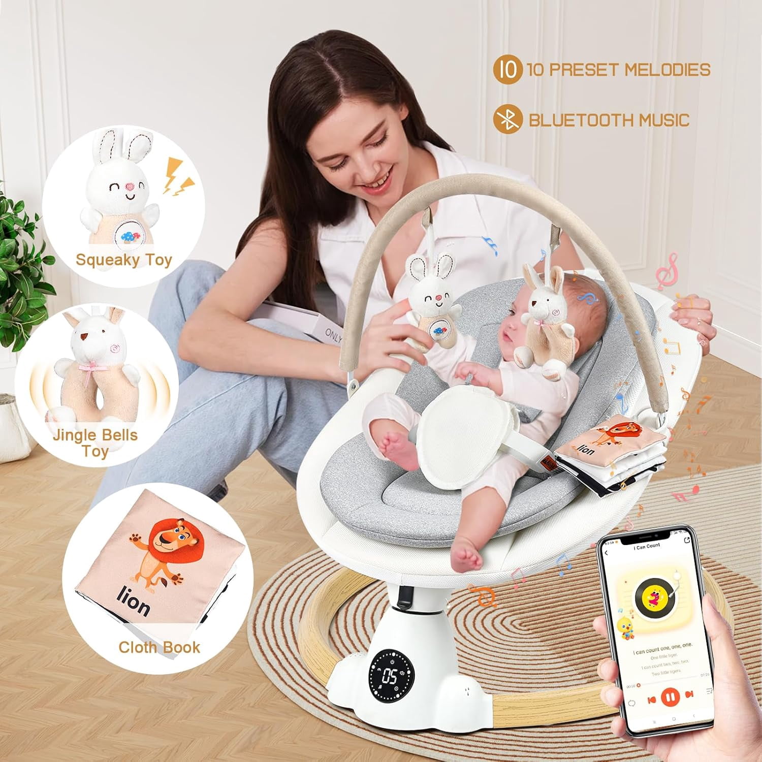 PRVAETU Electric Baby Swing for Infant Newborn W/ 5 Speed,10 Lullabies,5-Point Harness,Detachable Cushion & Canopy,Remote Control & Touch Panel,Beige