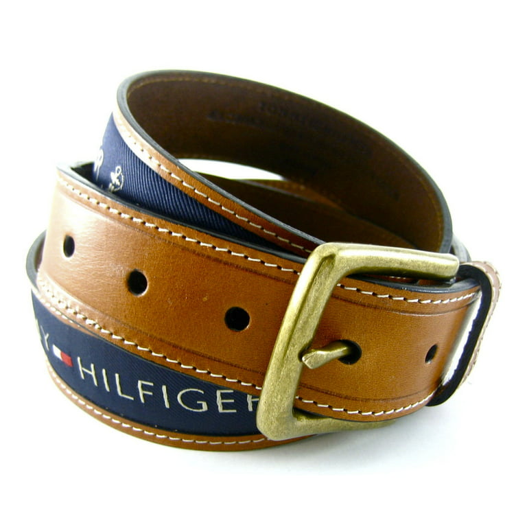 Tommy Hilfiger 44 Mens Leather with Fabric Inlay Casual Belt, Navy 
