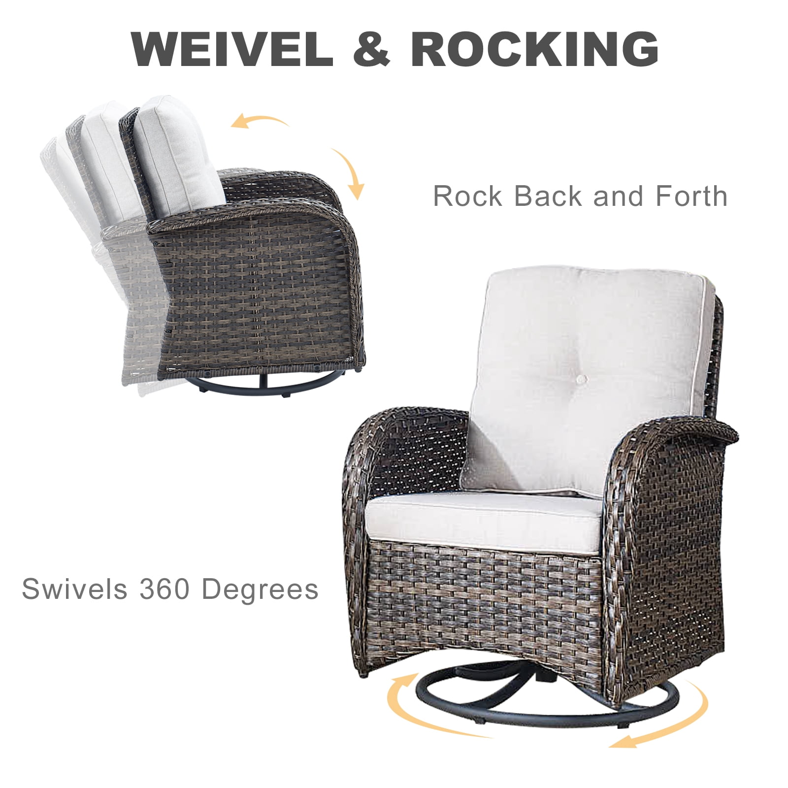 PARKWELL 3-Piece Outdoor Swivel Gliders with Thick Cushions and Side Table,Rattan Wicker Bistro Furniture Set,Brown Wicker,Beige Cushion