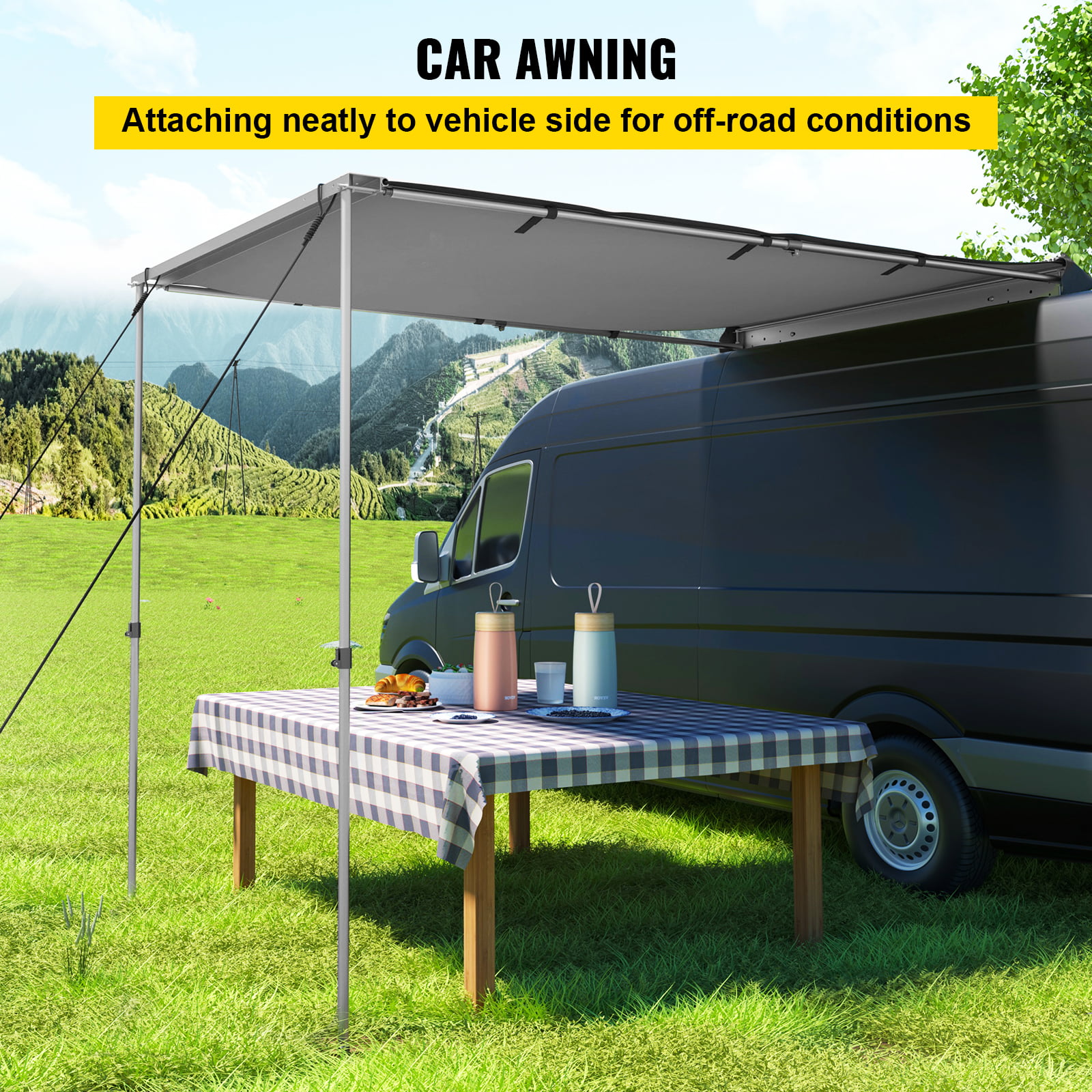 6.6'x8.2' Telescoping Poles Trailer Sunshade Rooftop Tent w/Carry Bag for Jeep/SUV/Truck/Van Outdoor Camping Travel VEVOR Car Side Awning Grey Pull-Out Retractable Vehicle Awning Waterproof UV50+ 